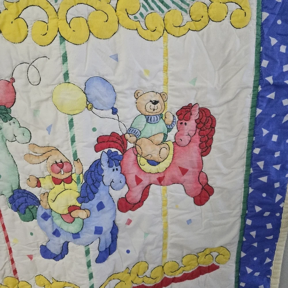 Carousel Baby Blanket 41.5”x32.5” Circus Fair Bunny Bear Duck Quilted